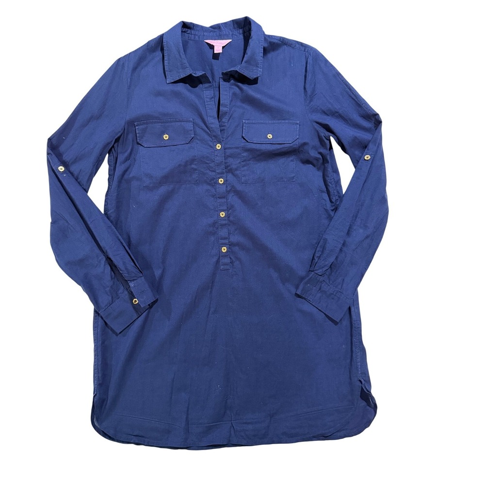 Lilly Pulitzer Navy Blue Tunic Shirt Dress Cotton Popover Long Sleeve Womens S